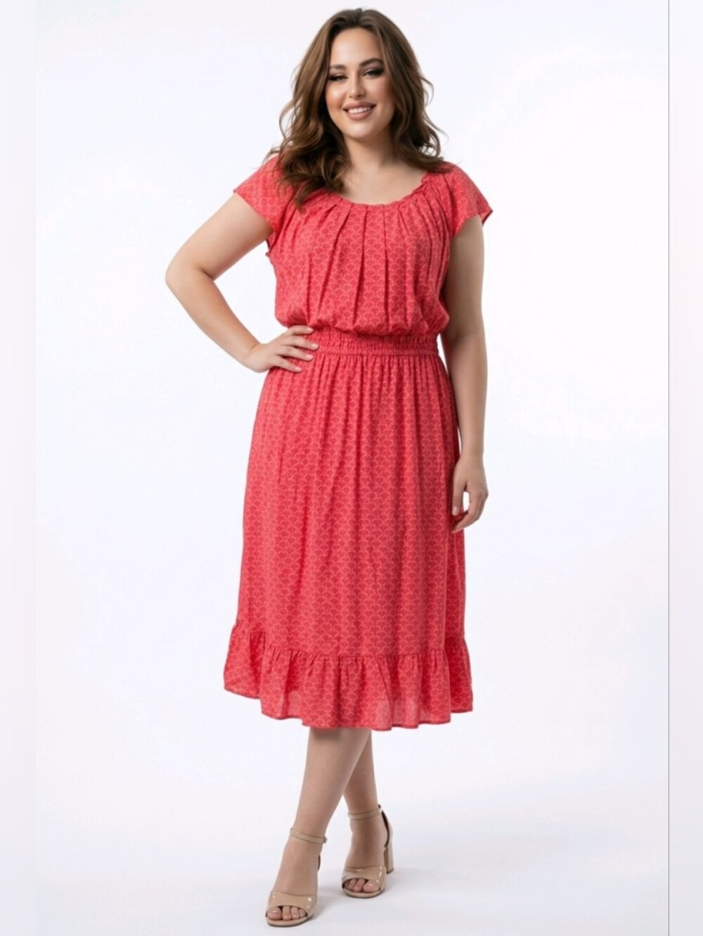 LC Lauren Conrad Coral Pink Pleated Midi Dress with Ruffle Hem